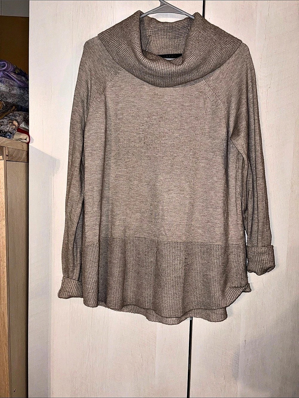 Cyrus Waffle Knit Trim Cowl Neck Sweater Brown Large